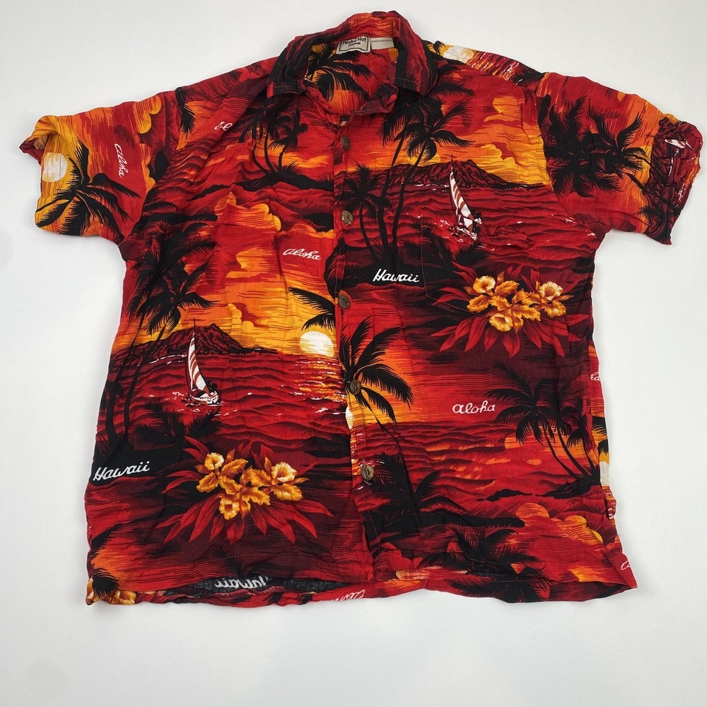 Aloha Hut Shirt Mens Small Red Hawaiian Aloha Sunset Palm Tree Button Front